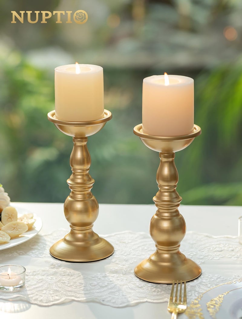 NUPTIO 2 Pcs Gold Pillar Candle Holders, Gold Candlestick Most Ideal for 3" Pillar Candles, Gifts for Wedding, Party, Home, Spa, Reiki, Votive Candle (2 x L) - Image 2